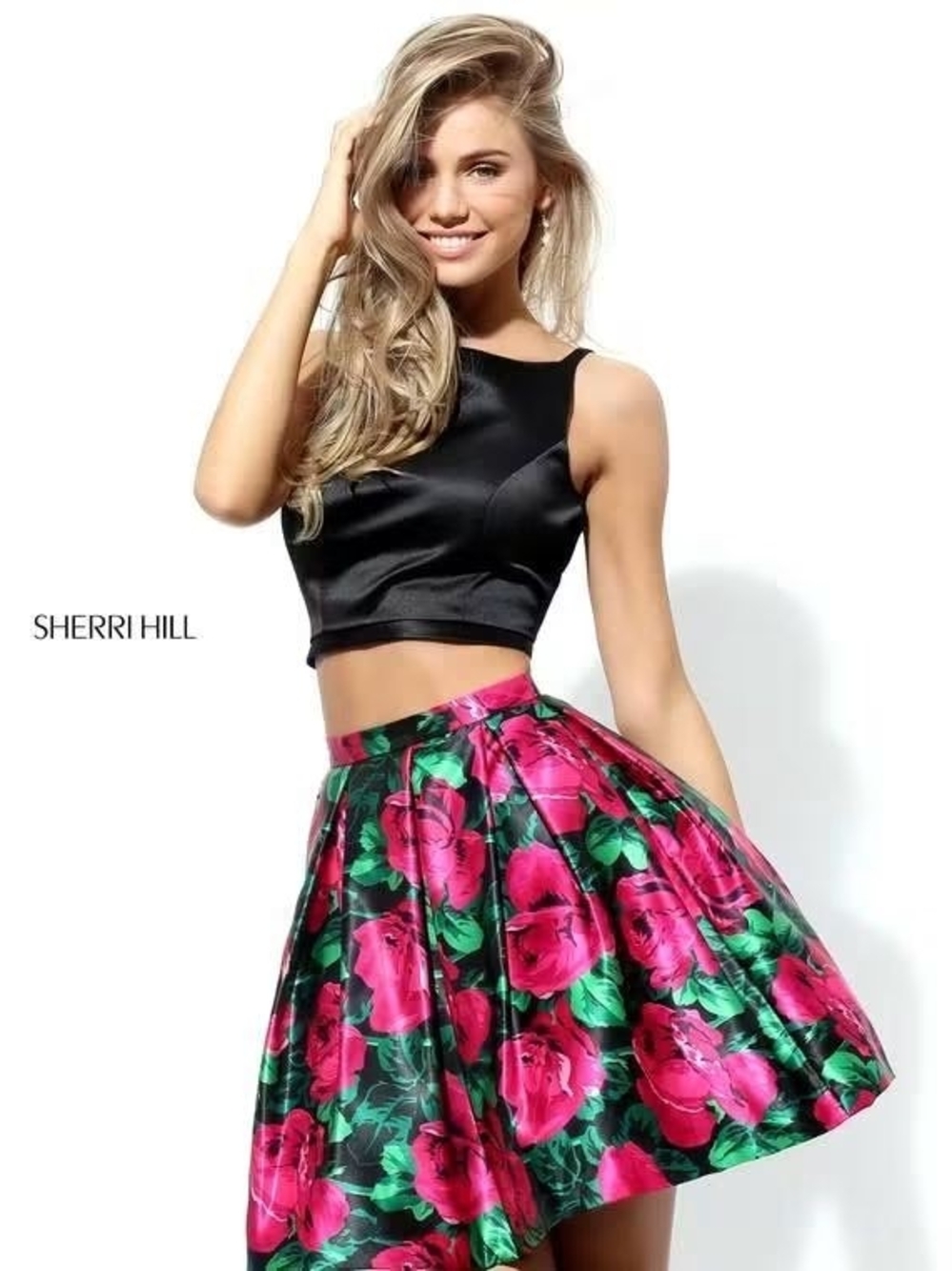 Sherri Hill Black Crop Top with Fuchsia and Green Floral Skater Skirt